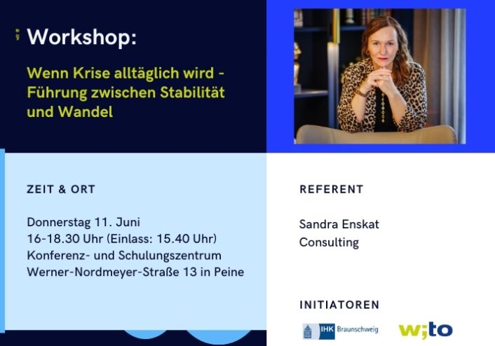 Ankündigung Workshop "Wenn Krise alltäglich wird – Führung zwischen Stabilität und Wandel" mit Sandra Enskat am 11. Juni