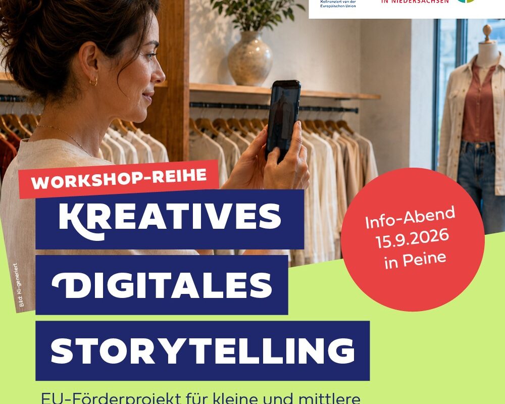 Banner für Kostenfreie Informationsveranstaltung zum EU-geförderten Projekt „Kreatives Digitales Storytelling für die Sichtbarkeit von KMU“