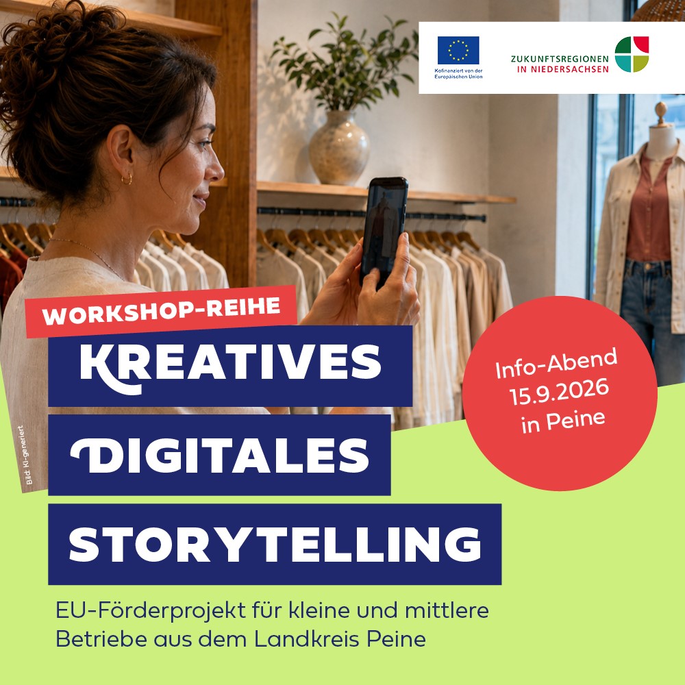 Banner für Kostenfreie Informationsveranstaltung zum EU-geförderten Projekt „Kreatives Digitales Storytelling für die Sichtbarkeit von KMU“